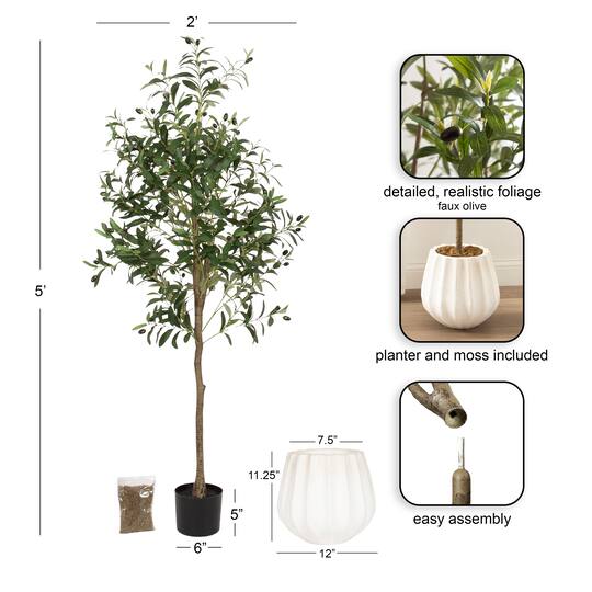 Kate and Laurel 5ft. Oliveira Faux Olive Tree in Claudel Scalloped Distressed White Planter